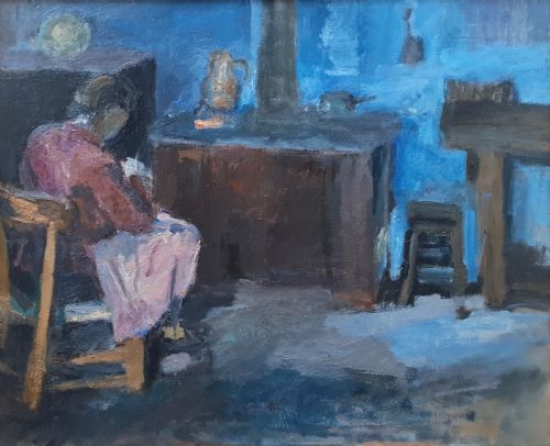 The Country Kitchen, by the Hearth Antique French Oil on Canvas