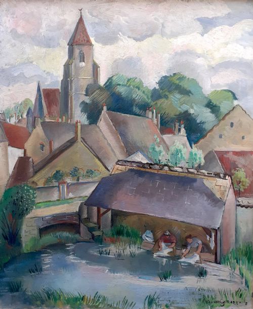 Cubist Art Deco Period Colourful Townscape, the Wash House at Saint Seine Ca 1930 French Woman Artist Oil on Canvas