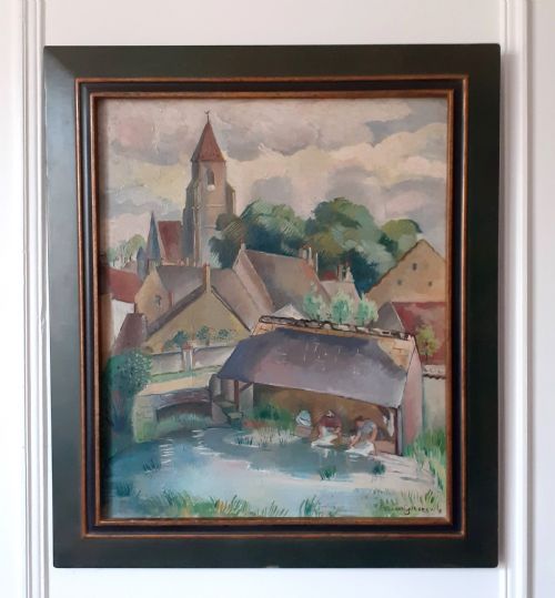 fig 1. Cubist art deco period colourful townscape, the wash house at Saint Seine ca 1930 French woman artist oil on canvas