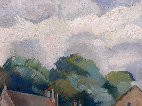 fig 2. Cubist art deco period colourful townscape, the wash house at Saint Seine ca 1930 French woman artist oil on canvas