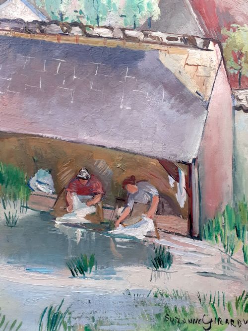 fig 3. Cubist art deco period colourful townscape, the wash house at Saint Seine ca 1930 French woman artist oil on canvas