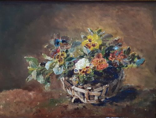The Basket of Pansies: French 19th Century Floral Still Life Oil on Canvas