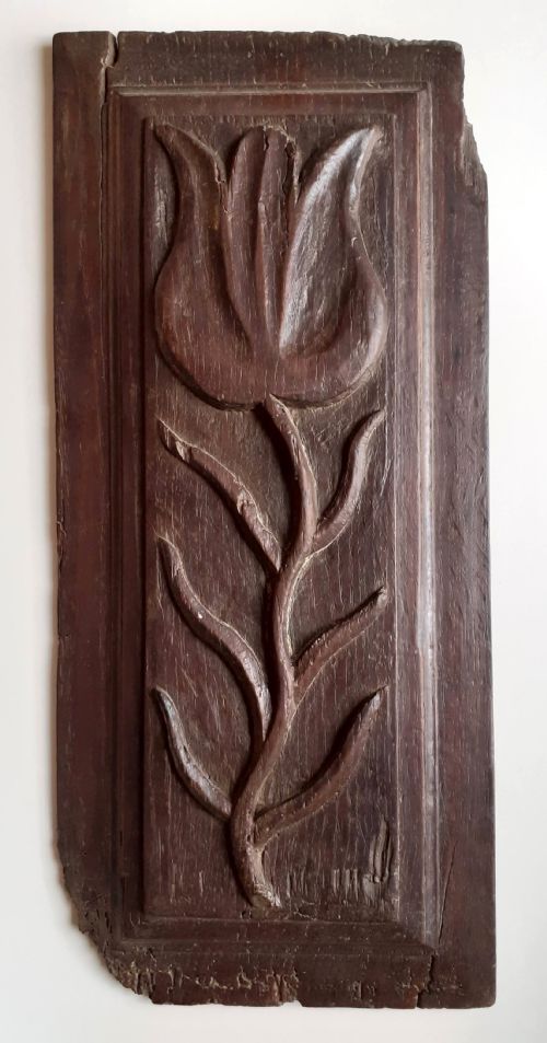18th Century Tulip Dark Oak Wood Carved Panel Sculpture