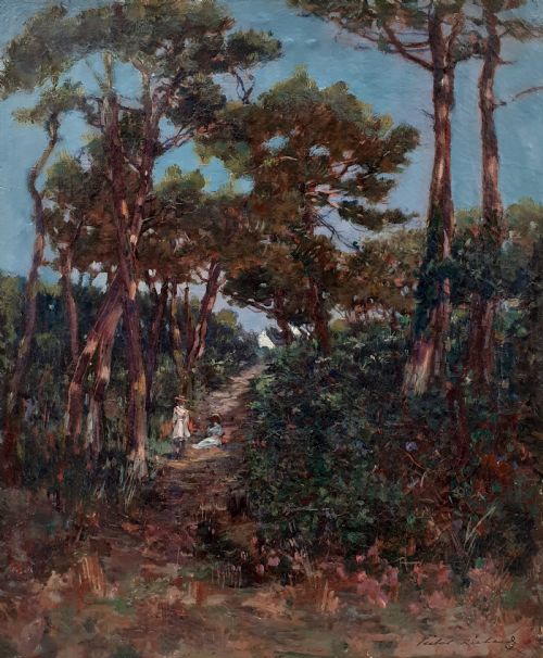 Two Girls on the Path to the Sea  Circa 1900 Belle Epoque French Antique Oil on Canvas