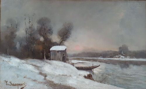 Snow by the Lake at Sunset, Winter Landscape, Evening Light Circa 1890 Oil on Canvas