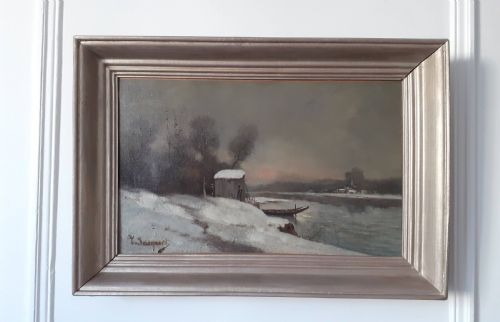 fig 1. Snow by the lake at sunset, winter landscape, evening light circa 1890 oil on canvas