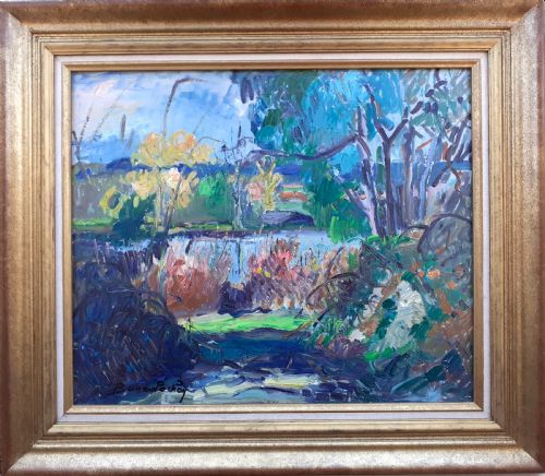 Garden by the River, Summer Vegetation, French Fauve Abstracted Landscape Oil on Board