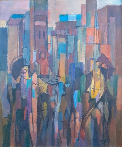 Cubist City, Surrealist Figures Cezannian French Mid Century Modern Cityscape Oil on Board