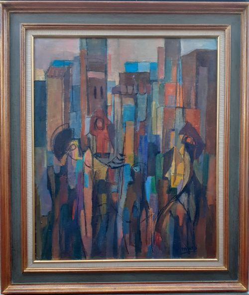 fig 2. Cubist city, surrealist figures Cezannian French mid century modern cityscape oil on board
