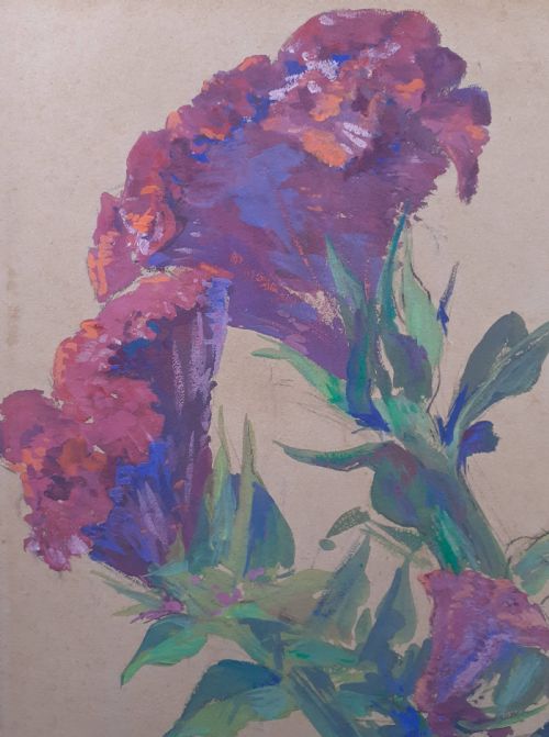 fig 1. A botanical study on toned beige paper depicting magenta cockscomb flowers with green stems and leaves.