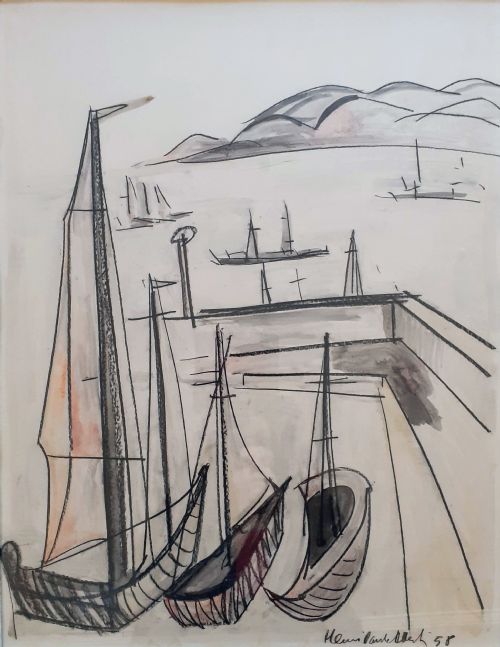 Boats in the Bay: Haunting Mid Century Modernist Painting by Accursed Prodigy Artist Sert: A Swedish Story Mixed Media on Paper
