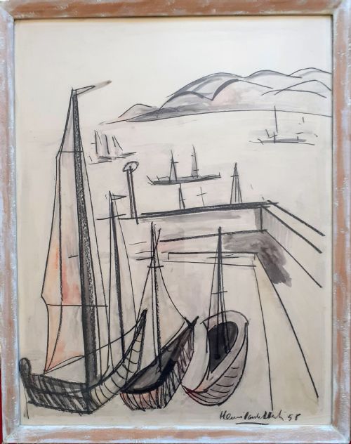 fig 2. Boats in the Bay: haunting mid century modernist painting by accursed prodigy artist Sert: a Swedish story mixed media on paper