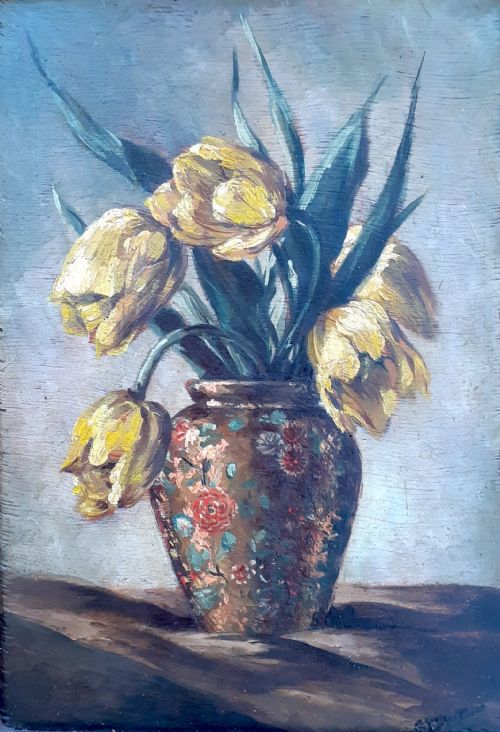 Tulips Striking Floral Still Life Flowers Circa 1900 by Canadian Georges Delfosse Art Nouveau Oil on Panel
