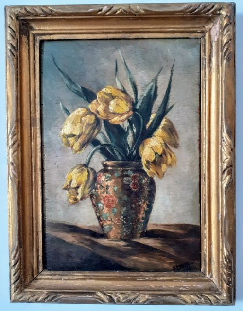 fig 1. Tulips striking floral still life Flowers circa 1900 by Canadian Georges Delfosse art nouveau oil on panel