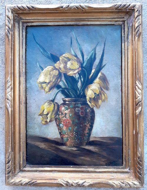 fig 2. Tulips striking floral still life Flowers circa 1900 by Canadian Georges Delfosse art nouveau oil on panel