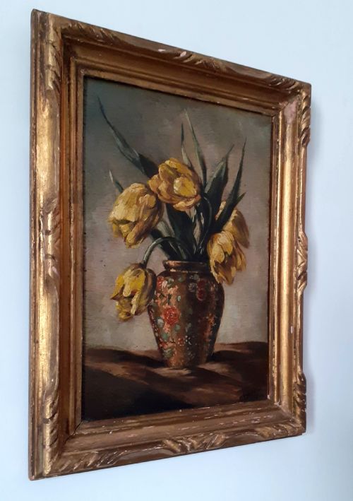fig 3. Tulips striking floral still life Flowers circa 1900 by Canadian Georges Delfosse art nouveau oil on panel