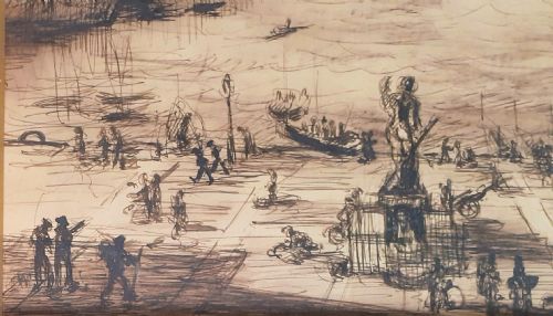 fig 1. A monochrome ink drawing depicting a busy naval port with warships, a central monument statue, harbour workers, and cranes along the waterfront.