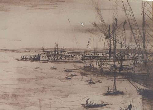 fig 2. A monochrome ink drawing depicting a busy naval port with warships, a central monument statue, harbour workers, and cranes along the waterfront.