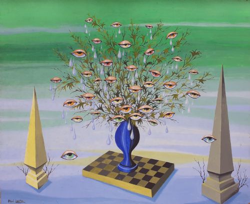 Art Deco Period Surrealist Composition with Chess Board and Eyes Oil on Board