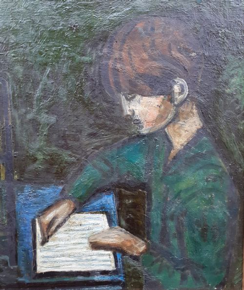 fig 2. An oil painting on canvas depicting a child seated at a blue table beside a dark birdcage, painted in dark green and blue tones.