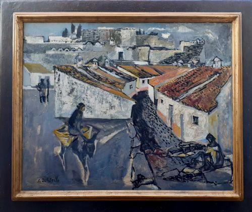 LARGE ABSTRACTED SPANISH CITY DYNAMIC MID CENTURY MODERN FRENCH OIL ON CANVAS - ADDITIONAL PHOTO 1
