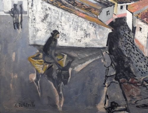 LARGE ABSTRACTED SPANISH CITY DYNAMIC MID CENTURY MODERN FRENCH OIL ON CANVAS - ADDITIONAL PHOTO 5
