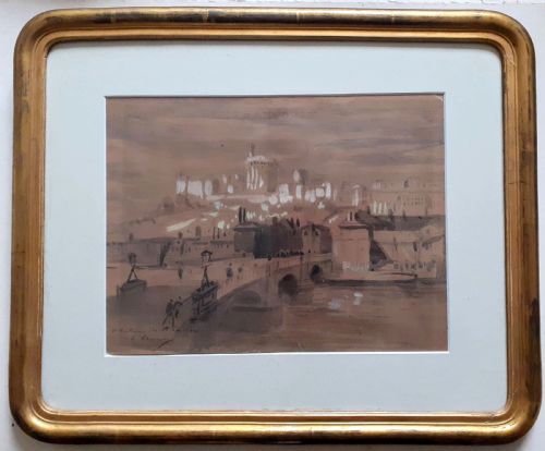 Figures on Eton Bridge, Windsor Castle Ca 1870 Impressionist Ink Wash Drawing by French Artist