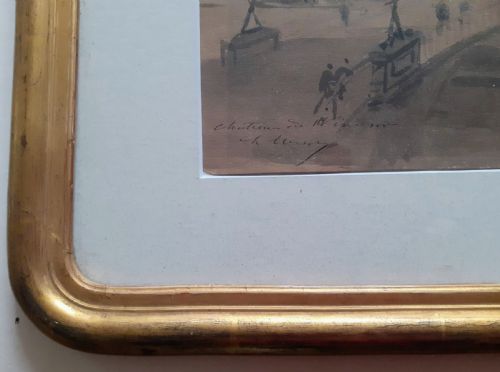 fig 1. Figures on Eton Bridge, Windsor Castle ca 1870 Impressionist Ink wash drawing by French artist