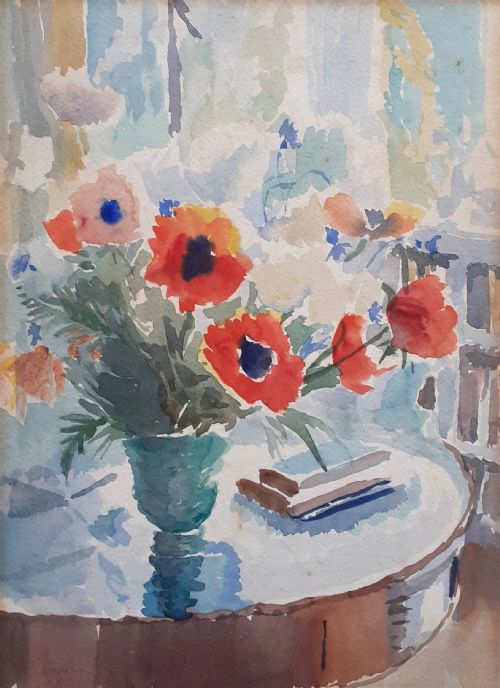 The Sun Filled Room: Red Poppies, Books and Bookshelf:  Floral Still Life in an Interior Watercolour on Paper by Wendela Boreel