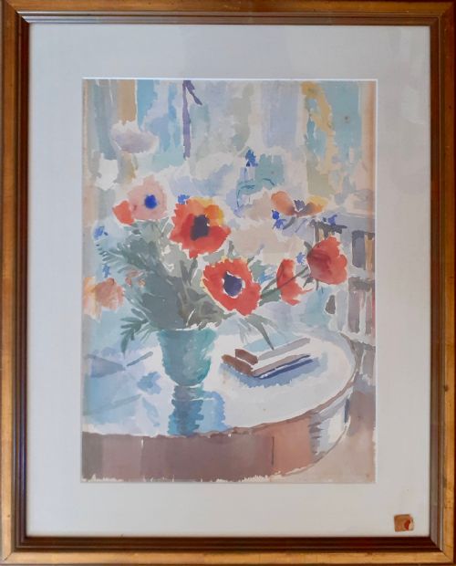 fig 1. The sun filled room: red poppies, books and bookshelf: Floral Still Life in an Interior watercolour on paper by Wendela Boreel