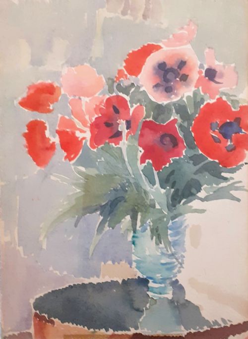 fig 3. The sun filled room: red poppies, books and bookshelf: Floral Still Life in an Interior watercolour on paper by Wendela Boreel