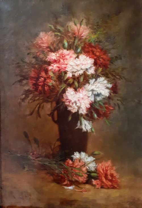 Art Nouveau Floral Still Life Carnation Flowers Oil on Canvas