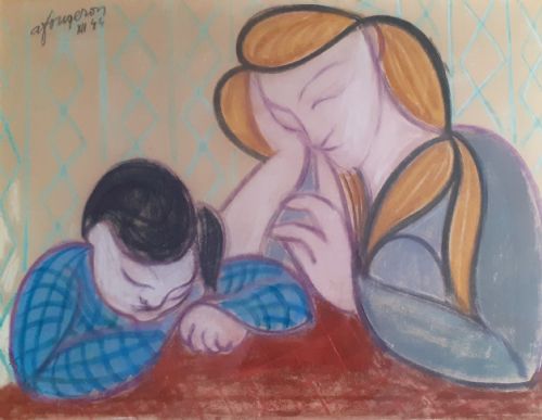 Masterpiece: Cubist Pop Art Precursor Tate Gallery Artist Fougeron Modernist Family Scene,  Wartime 1944 Pastel Painting