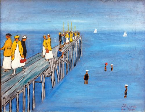 Me on the Pier by the Sea, 192os Surrealist British Canadian Outsider St Ives Cornwall Artist by the French Seaside Oil on Canvas