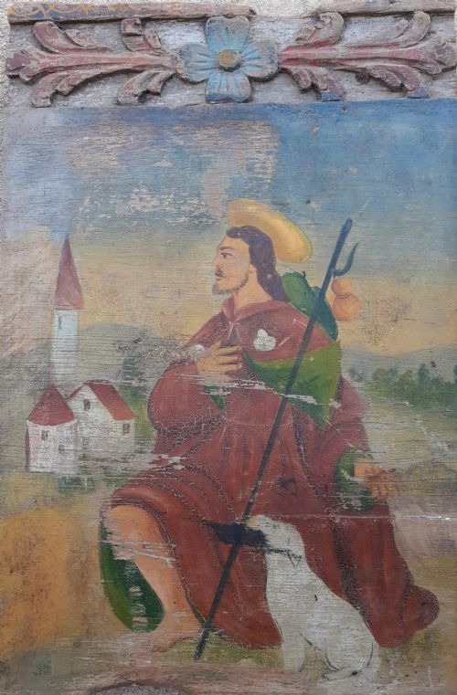 19th Century Naive Folk Art Painting Saint with Dog Antique Oil on Panel