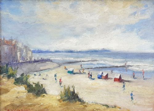 Figures on the Beach, the Beach Huts, Circa 1930  Normandy Seaside by Noted Canadian American Woman Artist Oil on Canvas