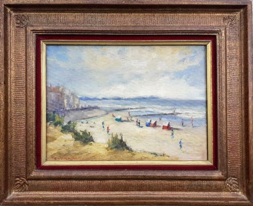 fig 1. Figures on the beach, the beach huts, circa 1930 Normandy seaside by noted Canadian American woman artist oil on canvas