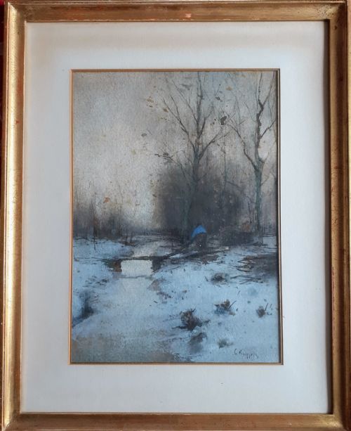 fig 1. Dutch snow scene, figure by the the frozen river in winter gouache painting on paper, by Hague school artist Kuypers