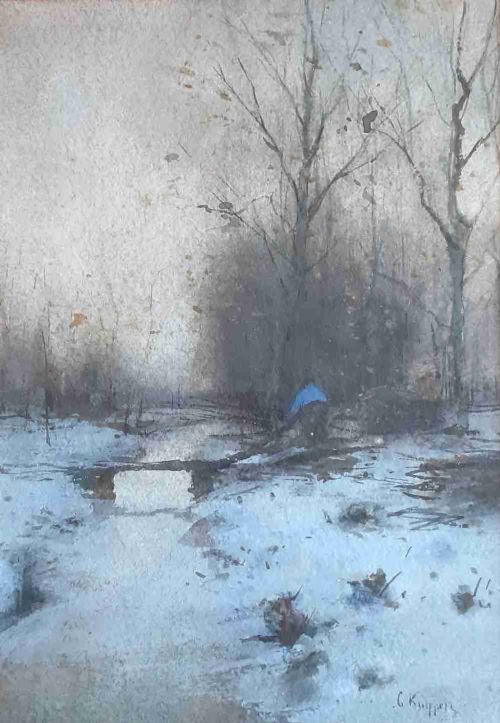 Dutch Snow Scene, Figure by the the Frozen River in Winter Gouache Painting on Paper, by Hague School Artist Kuypers