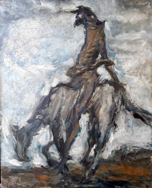 Riding Out the Storm: The Quixotic Rider, Expressive French Modernist Oil on Board