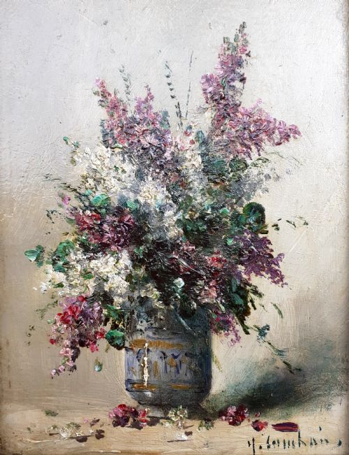 fig 1. Vibrant lilac flowers in bloom, 19th Century floral miniature masterpiece by French Henri Cauchois oil on panel