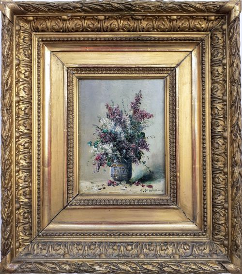 Vibrant Lilac Flowers in Bloom, 19th Century Floral Miniature Masterpiece by French Henri Cauchois Oil on Panel