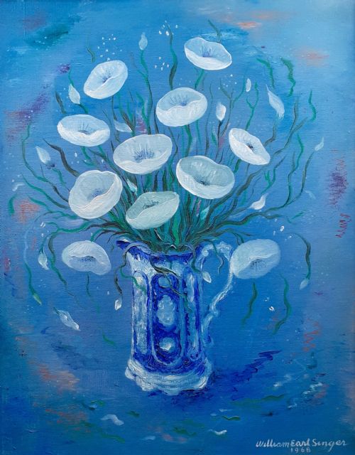 fig 1. Large and joyous poetic still life stylised flowers in a vas floral still life American oil on canvas
