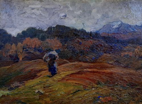 Impressionist Mountain Landscape with Lone Figure Antique French Oil on Board