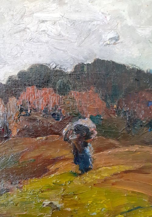 fig 1. Impressionist mountain landscape with lone figure antique French oil on board