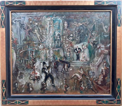 Danse Macabre: Skeletons and Trapeze Artists 1931 Avant Garde Art Deco Period German Expressionist Oil on Board