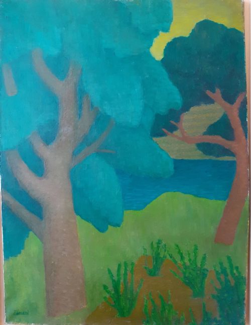 fig 1. Synthesist colourist abstracted landscape, French antique oil on canvas
