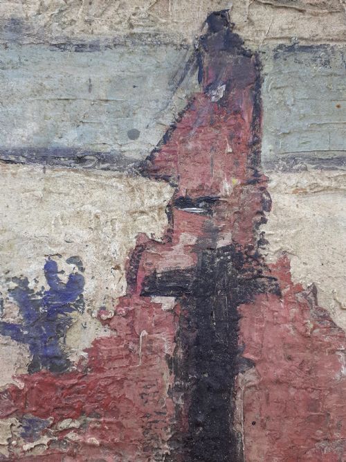fig 1. 1950s Mysterious Modernist Abstracted Figures: Dubuffet style avant garde oil on board Easter Island Moai Statues 