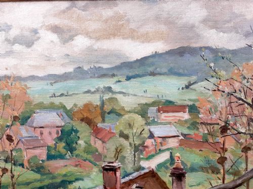 fig 1. An oil painting depicting a French countryside village with terracotta roofed houses, spring blossom trees, and rolling hills under a cloudy sky.