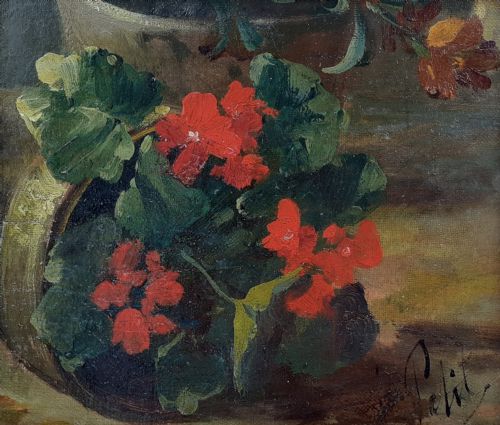 The Toppled Over Geranium Pot: Garden Flowers,  19th Century French Floral Still Life Oil Study on Board